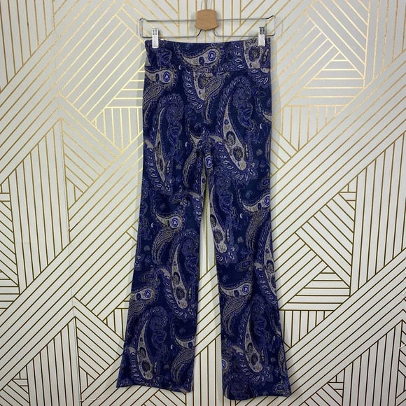 Anthropologie Maeve Maria Pant Trouser Flared Paisley Print Metallic Blue Size 0 - Picture 7 of 12